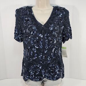 PAPELL Boutique Evening Navy Sequin Beaded Silk Scalloped Hem Blouse Top Size M